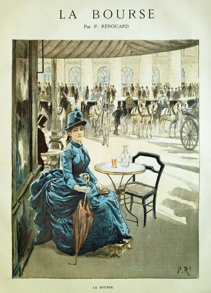 Illustration Kvinnlig Sittplats Vid Ett Kafébord Utanför Bourse Paris Paul — Stockfoto