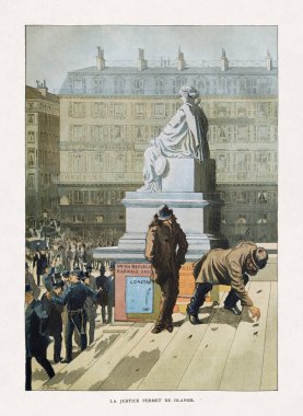 Guiot tarafından Bourse de Paris 'in dışındaki insanların resmi 1885' te Paris Illustre dergisinde yayınlandı.