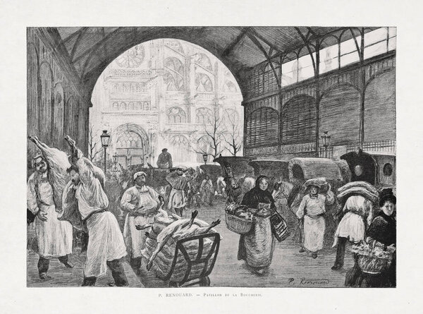 Illustration of people inside a butcher market hall by P. Renouard published 1885 in the monthly magazine "Paris illustre".
