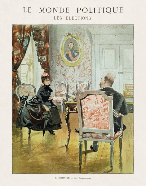 Illustration of a solicitor asking money from a bourgeois to finance a political campaign by G. Jeanniot and engraved by Gillot published in September 1885 in the monthly magazine \