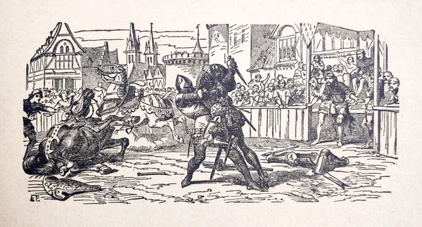 Ilustracja Pojedynku Rycerskiego Opublikowane 1885 — Zdjęcie stockowe