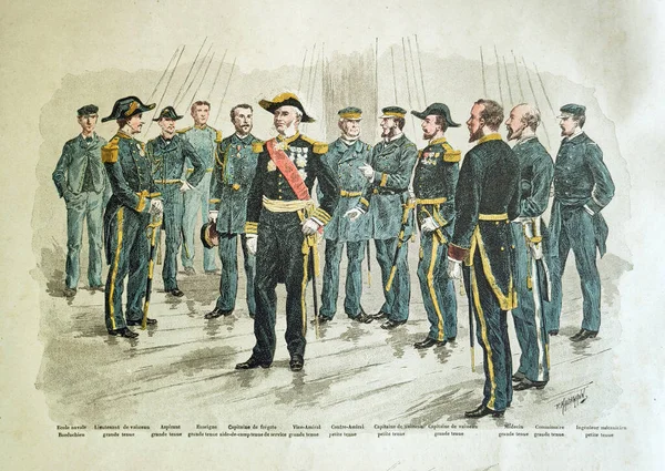 Illustration depicting the different uniforms of the French navy in late 19th century by P. Kauffmann published in 1884.