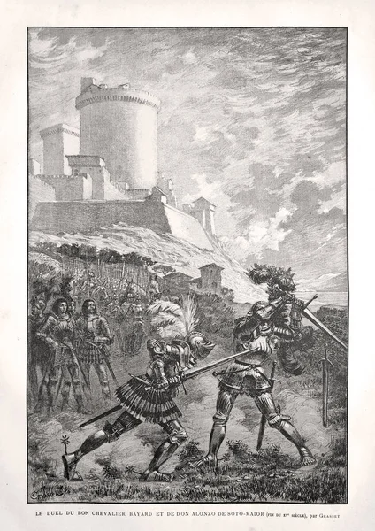 Иллюстрация Поединка Рыцаря Байарда Дона Алонсо Сото Майора Опубликованная 1885 — стоковое фото