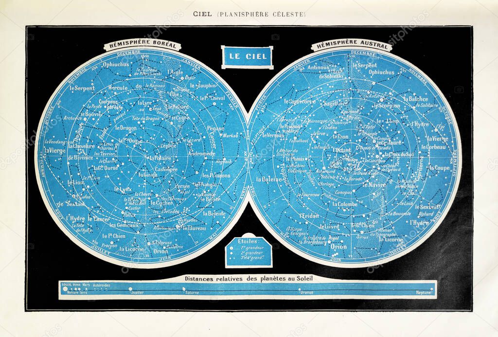 Old illustration of a Celestial planisphere printed in the french dictionary 