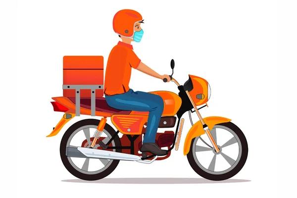 Tıbbi Maskeli Teslimatçı Motosikletli Vector Covid Karantina Coronavirüs Salgını Olan — Stok Vektör