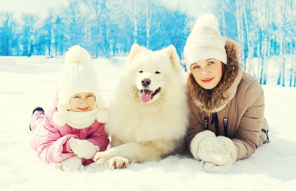 Mamma och barn med vit samojedvalpar hund vinter liggande på snö — Stockfoto