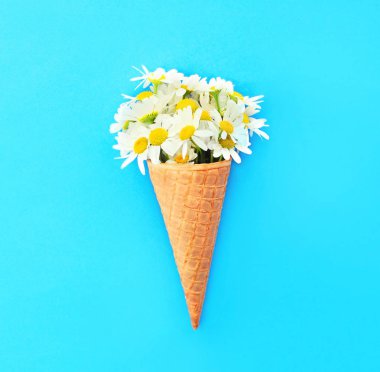 Dondurma külahı mavi renkli backgr üzerinde chamomiles çiçekli