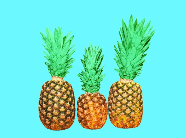 Trois ananas sur fond bleu, ananas colorées — Photo