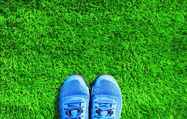 Baskets de sport partiellement bleues sur fond texturé d'herbe verte — Photo