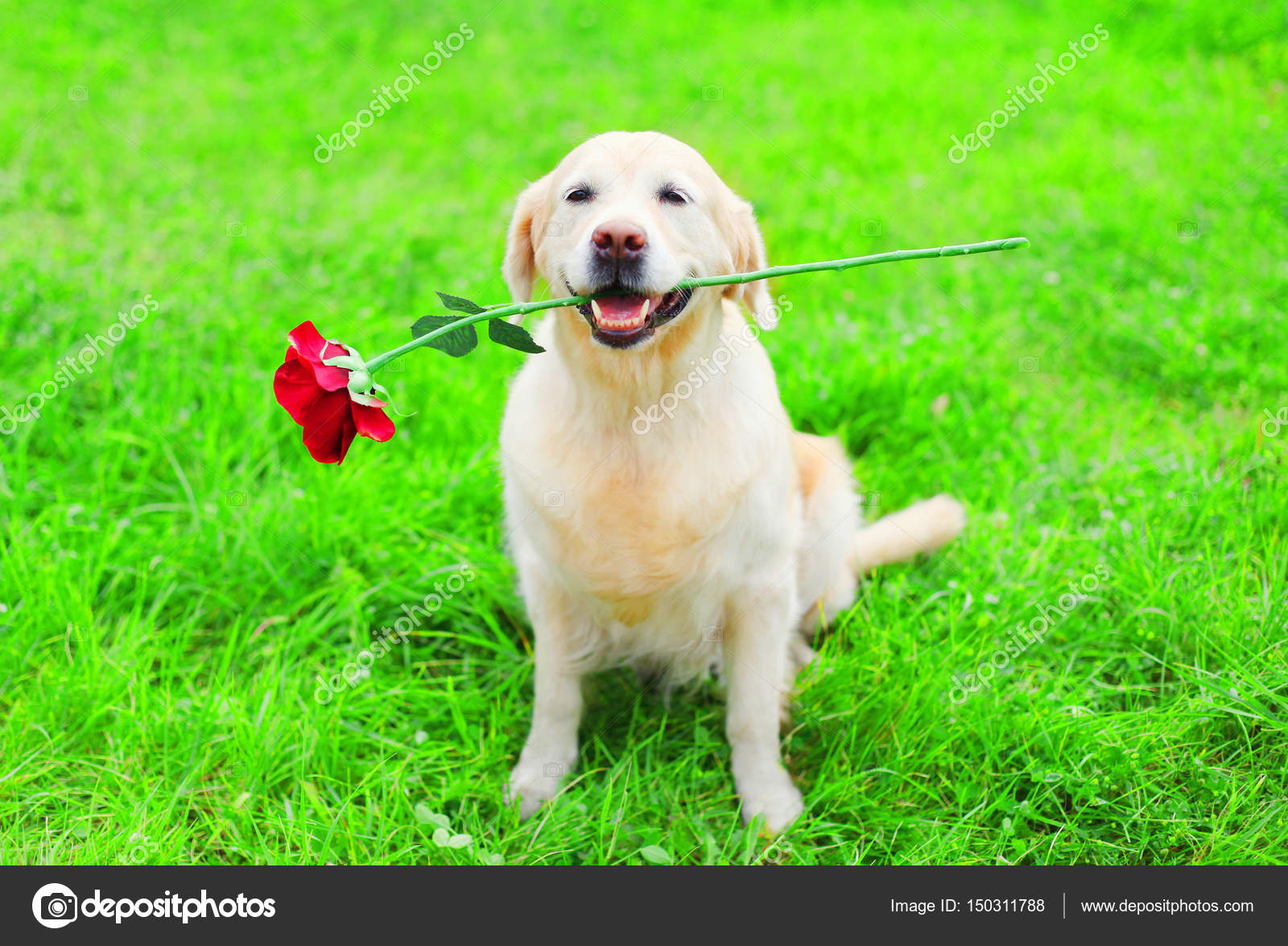 Glücklicher Golden Retriever Hund hält eine rote Blume in den Zähnen