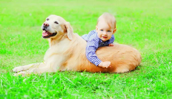 Happy little boy child and Golden Retriever dog is playing toget — Stock Photo, Image