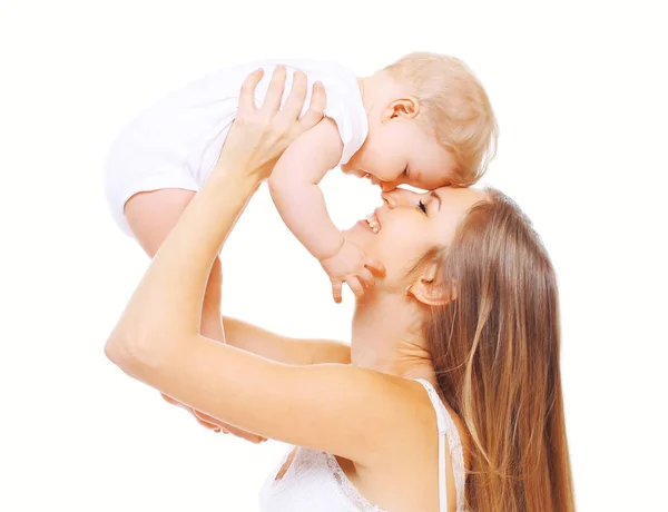 Happy smiling mother and baby having fun on a white background — Stock Photo, Image