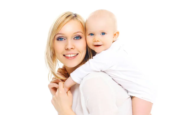 Portrait happy smiling mother with baby together on a white back — Stock Photo, Image