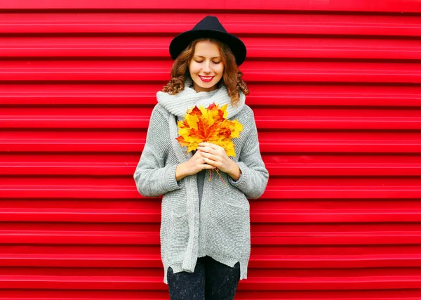 Mode najaar Portret vrouw houdt gele maple laat op een rood — Stockfoto