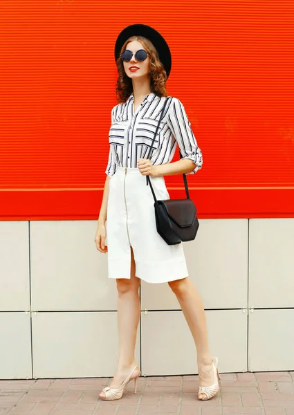 Full-length beautiful young woman model wearing white striped sh — 스톡 사진