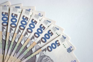 Ukrayna Hryvna 'sı, 500 Hryvnia banknotları. 500 Hryvnia faturası kadar mali geçmişi var. Para arkaplanı.
