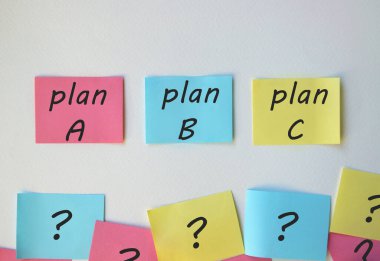 A, B, C planı, renkli ofis etiketleri. Planlama, Yönetim, İstihdam, İş. Seçim konsepti.