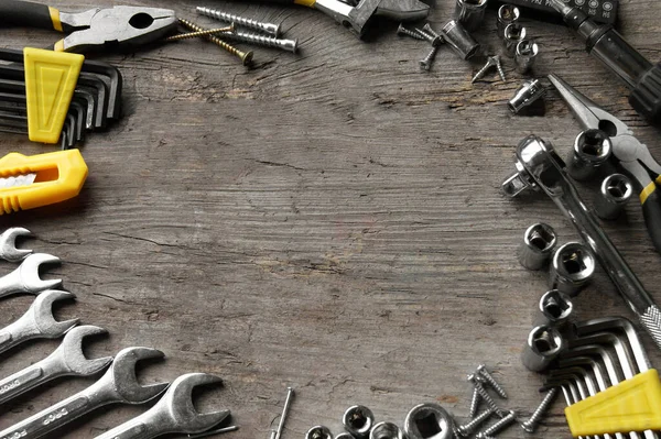 Herramientas Trabajo Sobre Fondo Rústico Madera Vista Superior — Foto de Stock