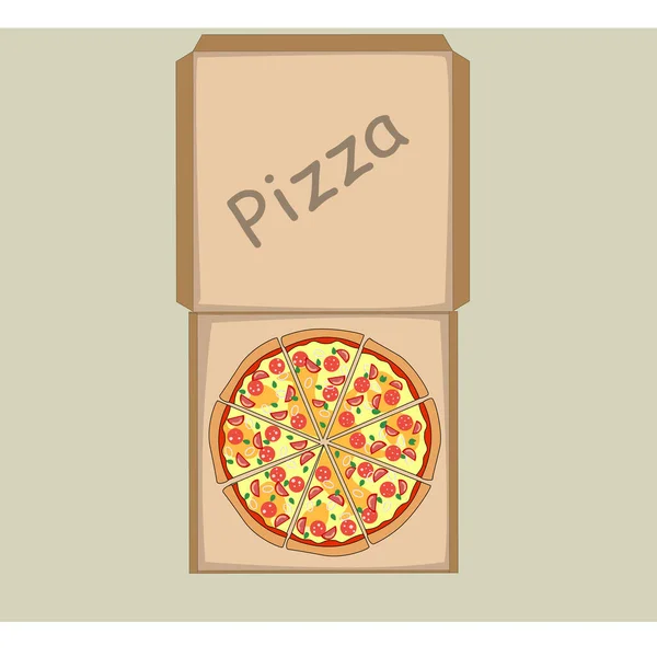 Pizza Într Cutie Cârnați Brânză Legume — Vector de stoc