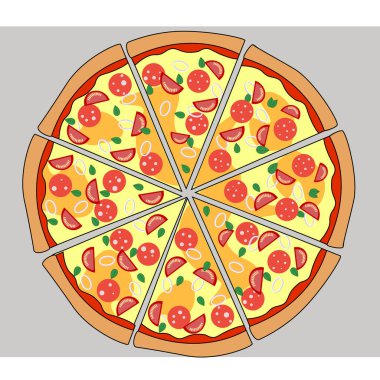 Pizza dilimlere bölündü. Büyük pizza.