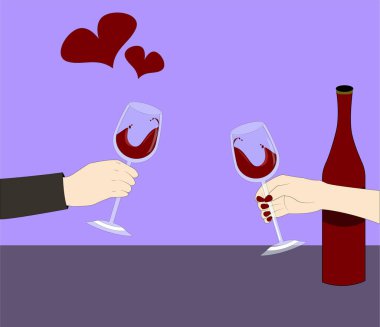 Eller kadehleri şarapla tutsun. Arka planda bir şişe şarap. Sevgi dolu bir çift yemek yiyor. Romantik yemek.