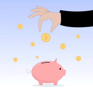 Para kumbarası ve para rengi resimli el yazısı. Vektör işi konsepti. Arka planda bozuk paralar.