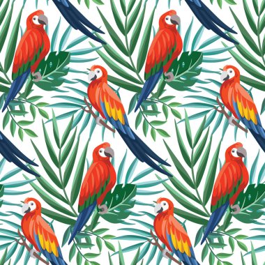 Beyaz arka planda papağan ve tropikal yapraklı kusursuz desen