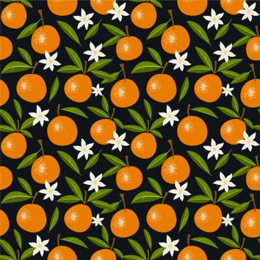 Koyu arkaplanda portakallar ve çiçekler olan kusursuz vektör deseni