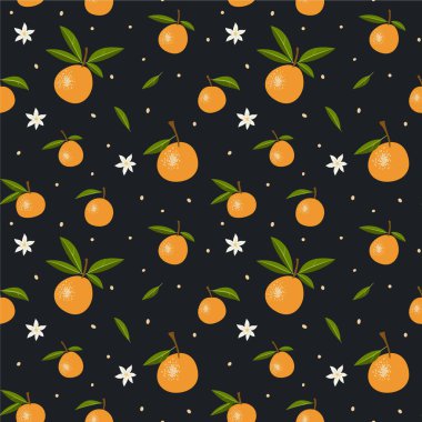 Koyu arkaplanda portakallar ve çiçekler olan kusursuz vektör deseni