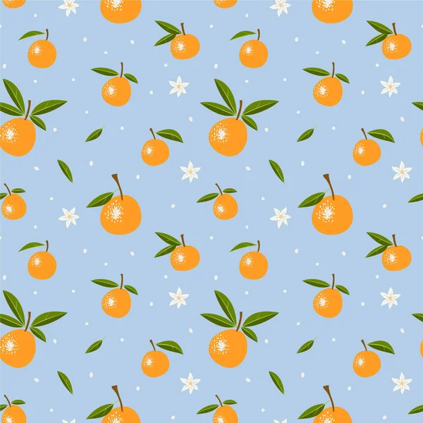 Mavi arka planda portakallı ve çiçekli pürüzsüz desen. Vektör illüstrasyonu, kumaş için baskı