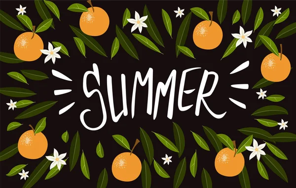 オレンジ色の果実 葉や花で暗い夏の背景 熱帯ベクトルバナー — ストックベクタ