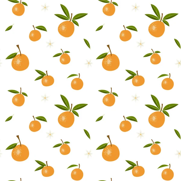 Beyaz arka planda portakallı ve çiçekli pürüzsüz desen. Vektör illüstrasyonu, kumaş için baskı
