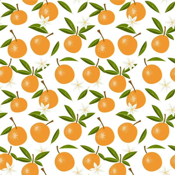 Beyaz arka planda portakallı ve çiçekli pürüzsüz desen. Vektör illüstrasyonu, kumaş için baskı