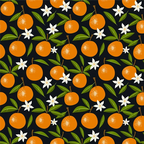 Koyu arkaplanda portakallar ve çiçekler olan kusursuz vektör deseni