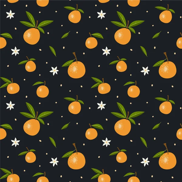Koyu arkaplanda portakallar ve çiçekler olan kusursuz vektör deseni