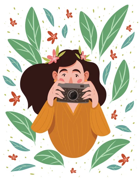 Kameralı ve çiçekli çizgi film kızı.