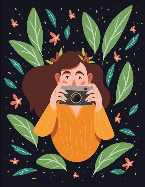 Çizgi film karakteri, kamera ve çiçekli sevimli kız.