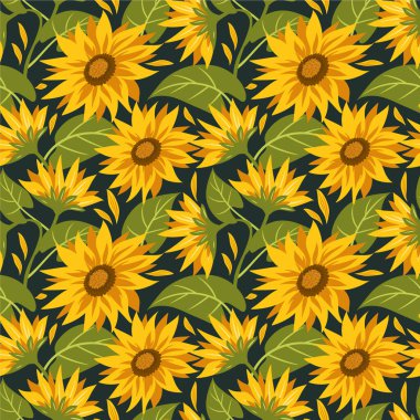 Koyu arkaplanda ayçiçekleri olan kusursuz bir desen. Yaz vektörü illüstrasyonu