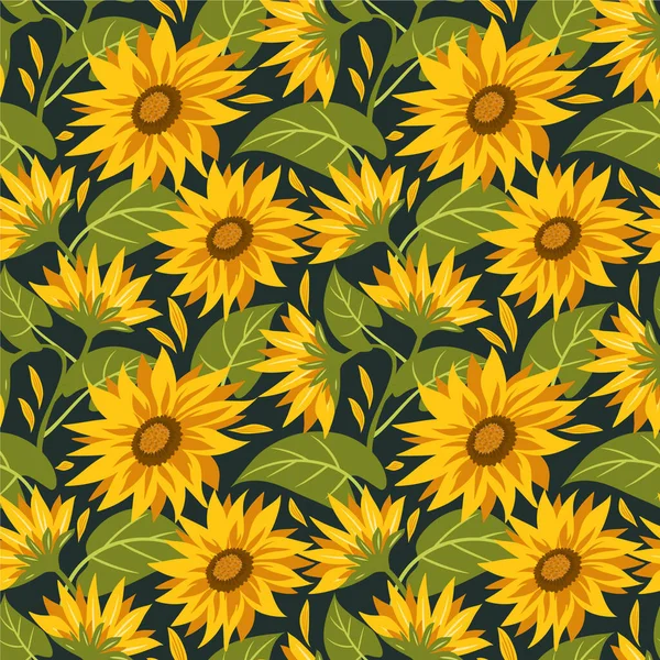 Koyu arkaplanda ayçiçekleri olan kusursuz bir desen. Yaz vektörü illüstrasyonu