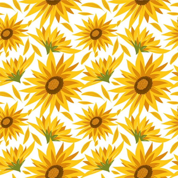 Beyaz arka planda ayçiçekleri olan kusursuz bir desen. Yaz vektörü illüstrasyonu