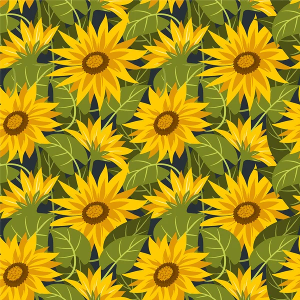Koyu arkaplanda ayçiçekleri olan kusursuz bir desen. Yaz vektörü illüstrasyonu