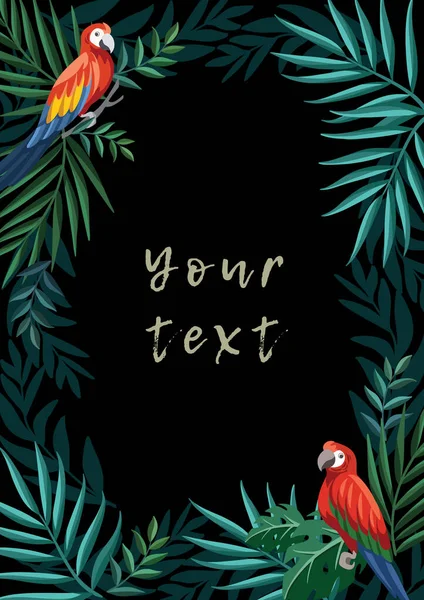 Papağanlı dekoratif tropikal çerçeve, koyu arkaplanda palmiye yaprakları