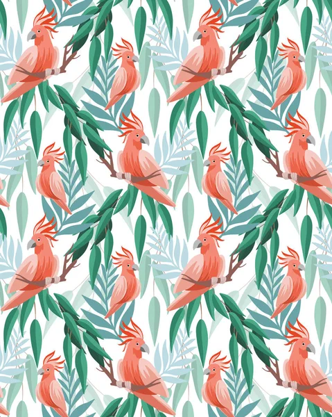 Papağanlı kusursuz tropikal desen, beyaz arka planda palmiye yaprakları
