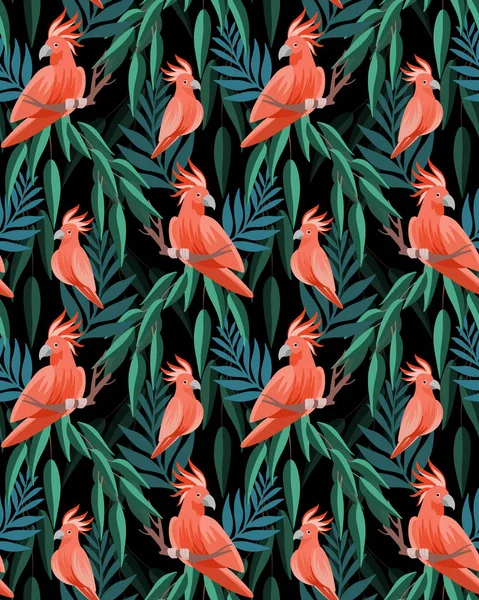 Papağanlı kusursuz tropikal desen, koyu arkaplanda palmiye yaprakları.
