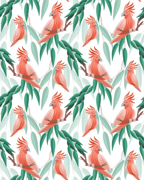 Papağanlı kusursuz tropikal desen, beyaz arka planda palmiye yaprakları