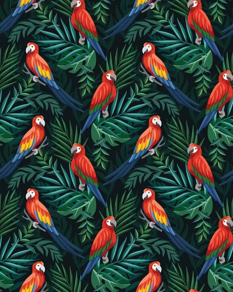 Papağanlı kusursuz tropikal desen, koyu arkaplanda palmiye yaprakları.