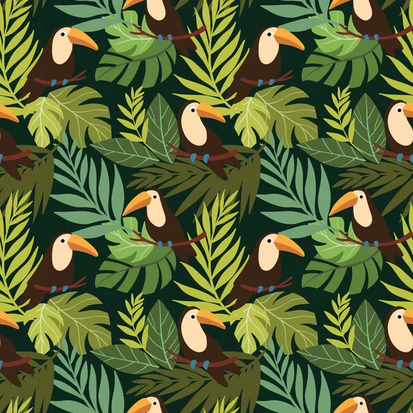Kusursuz tropikal desenli Tukan, koyu arkaplanda palmiye yaprakları