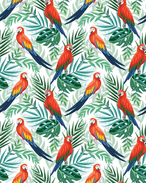 Seamless tropical pattern with macaw parrot, palm leaves on white background