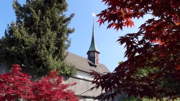 Urdoorf Switzerland エイプリル27 2020 ウルドルフはチューリッヒのスイス カントンにある町です 聖ニコラス教会の春色の低木を通して見る — ストック動画