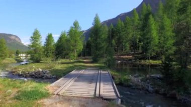 PONTRESINA, SWitzERLAND - 6 Haziran 2015: Cennet gibi yeşil Morteratsch vadisindeki ahşap köprüyü geçmek. Köprü üzerinde alçak insansız hava aracı.